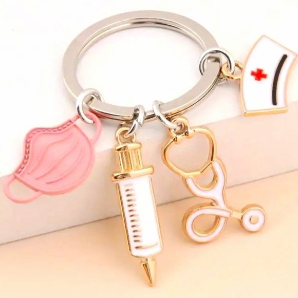 Nurse Keychain Bag Charm Purse Pink Mask Stethoscope RN Medical Dr Ring Medicine - Picture 1 of 3